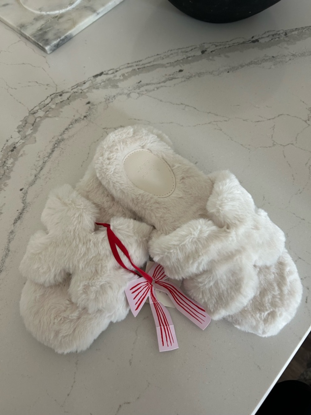 a new day Cream Plush Kids Slide Slippers with Red Ribbon Accent